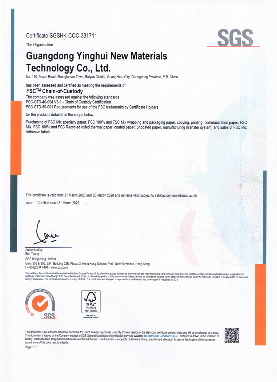 YingHui FSC certificate